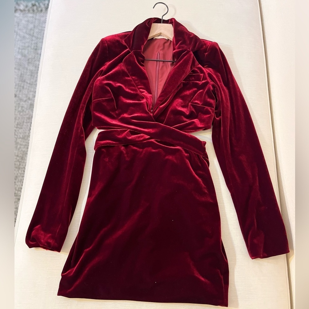 Nicholas Burgundy Velvet Mini Dress Ruched Wrap Waist Blazer Holiday Cocktail